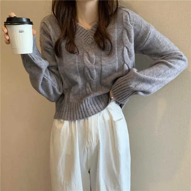 V-neck Cropped Pullover Sweater Women Simple Twist Student Sweaters For Women Solid Color Basic Long Sleeve Autumn Clothes Women alx