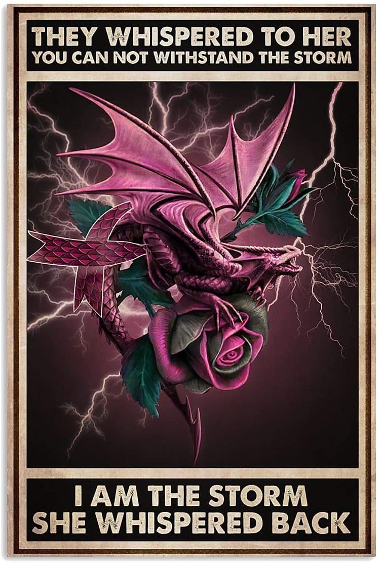Breast Cancer Dragon I Am The Storm Vertical Poster No Frame – Pink Rose Faith Hope Love Art Printed Quotes wallart Poster for Birthday Christmas, X-mas, Haloween