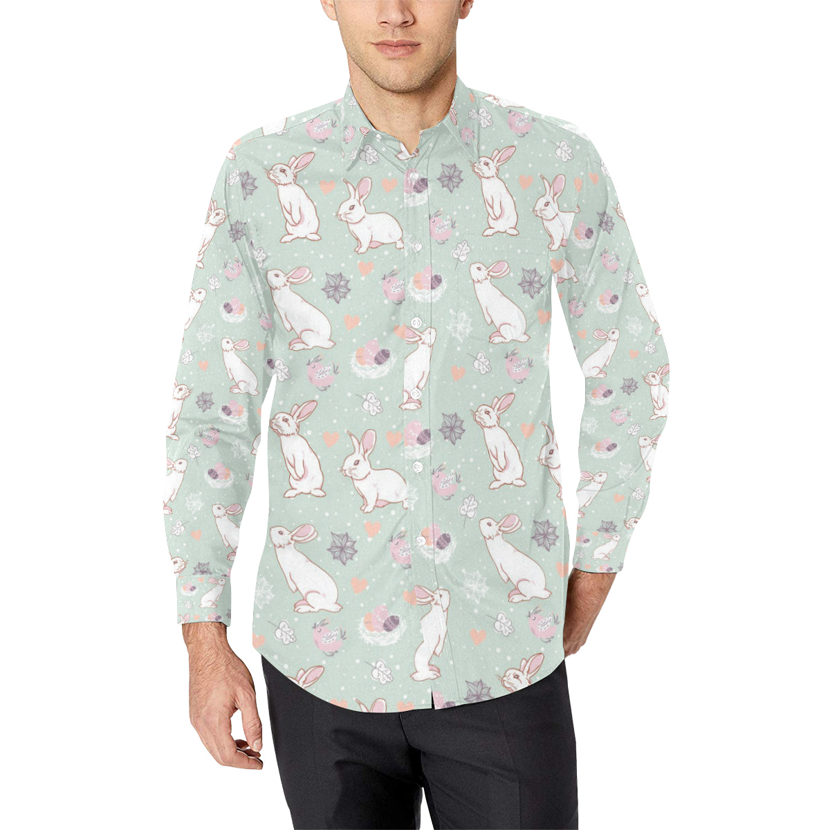 Rabbit Pattern Print Design Rb011 Long Sleeve Dress Shirt