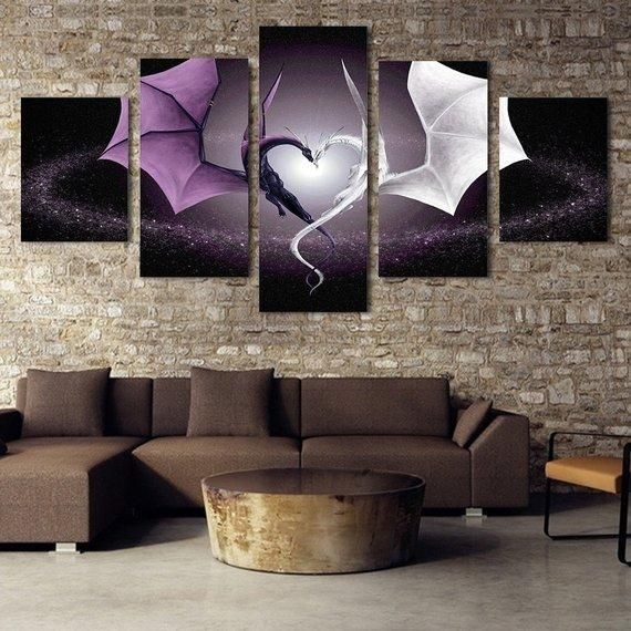 Two Dragons Abstract Animal 5 Panel Canvas Art Wall Decor