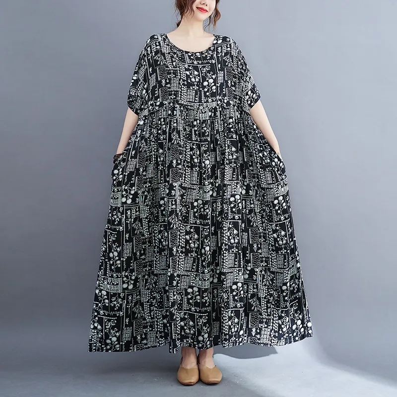 Women’s Short Sleeve Loose Cotton and Line Maxi Dresses Female Casual Print Long Dresses with Pockets alx