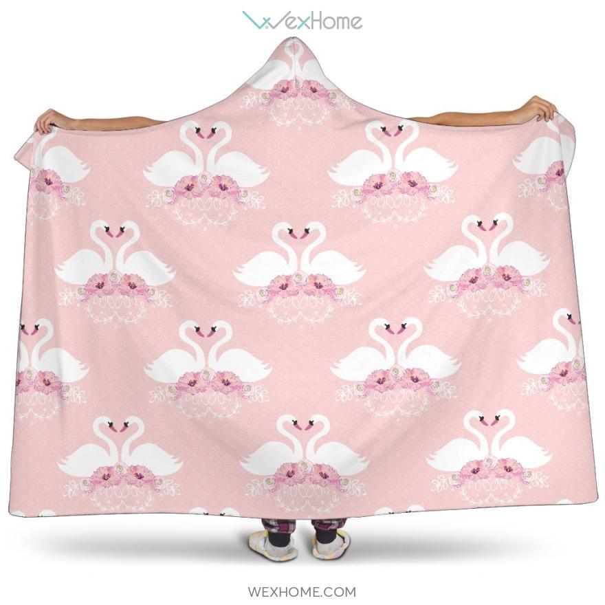 White Swan And Flower Love Pattern Hooded Blanket