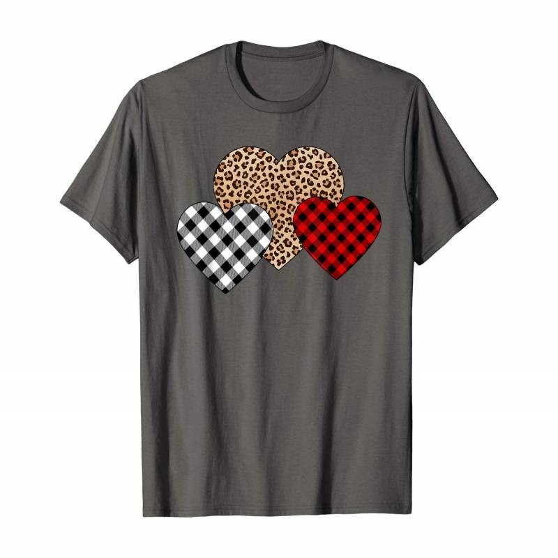 Valentine Three Hearts Leopard Buffalo Plaid Valentine’s Day T-shirt