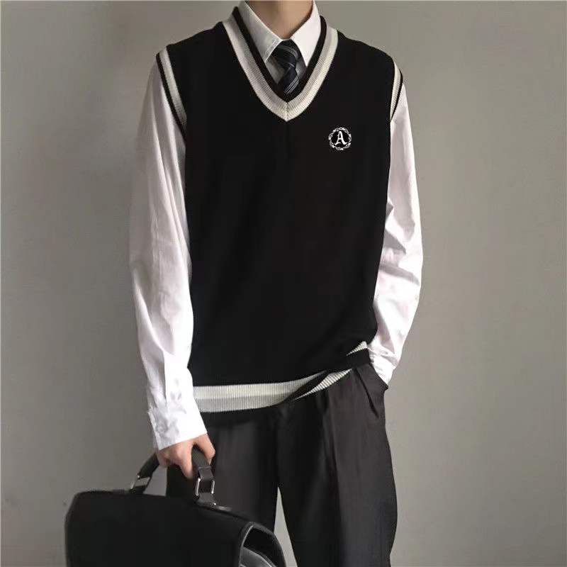 Autumn College Style Sweater Vest Male Student Coats Korean Trend Knitting Sleeveless V-Neck 3 Color Pullover Unisex Clothes alx