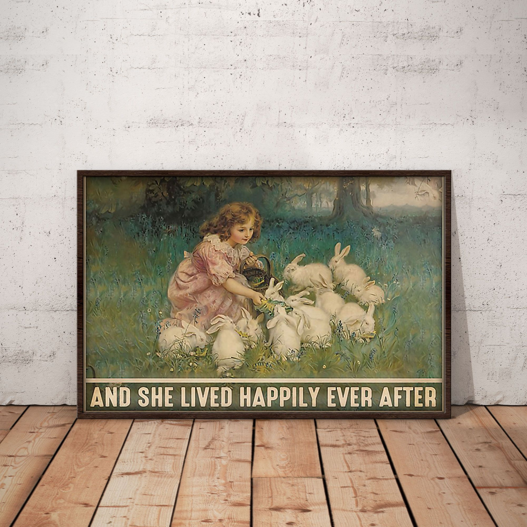 Little Girl And Rabbits Poster – And She Lived Happily Ever After Canvas Home Décor Birthday Christmas Gifts For Girl Daughter Niece Sister