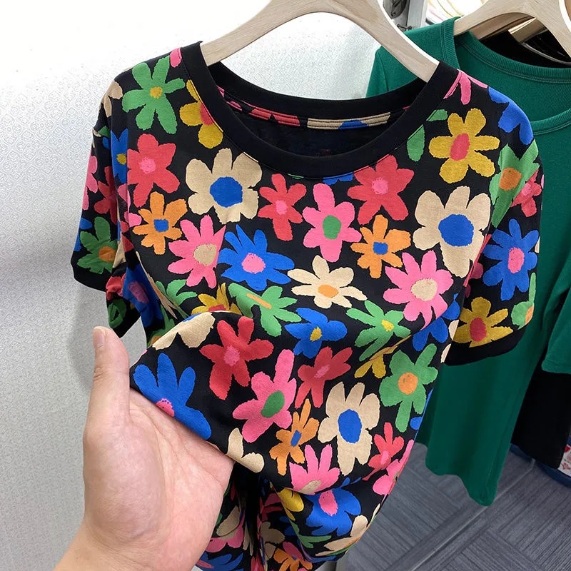 2022 New Korean Fashion Summer Fashion Casual Circle Collar Printing Personality Retro Trend Short Sleeve T Shirt Women Sweater alx