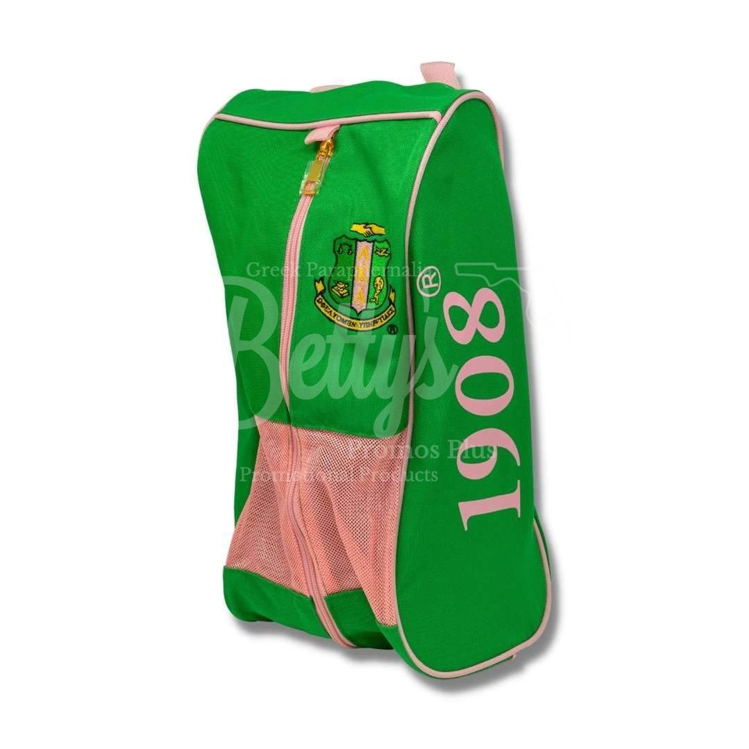 Alpha Kappa Alpha “Aka Shield” Pink And Green Canvas Shoe Bag With Zippered Mesh
