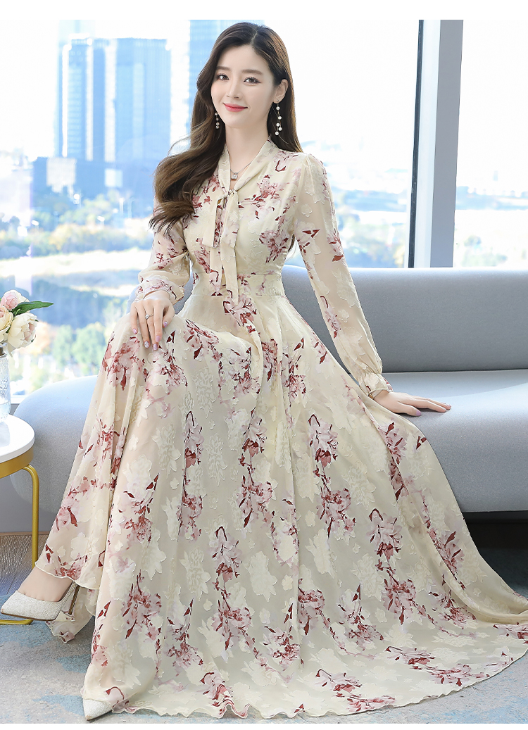 2021 Spring Autumn New Arrival S-4XL Korean Bow Collar Jacquard Long Sleeve Woman Chiffon Long Dress alx