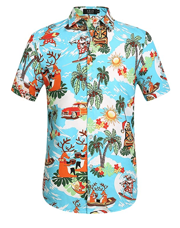 Christmas Hawaii Santa Claus Party Tropical Bright Blue Button Up Shirt For Men Ha105127