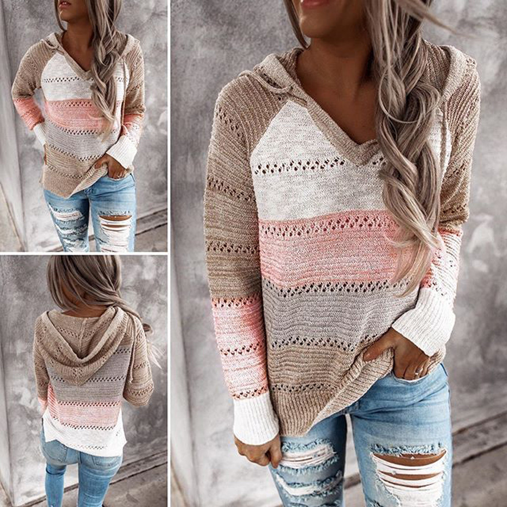 Autumn Women Patchwork Hooded Sweater Long Sleeve V-neck Knitted Sweater Casual Striped Pullover Jumpers 2021 New Female Hoodies alx