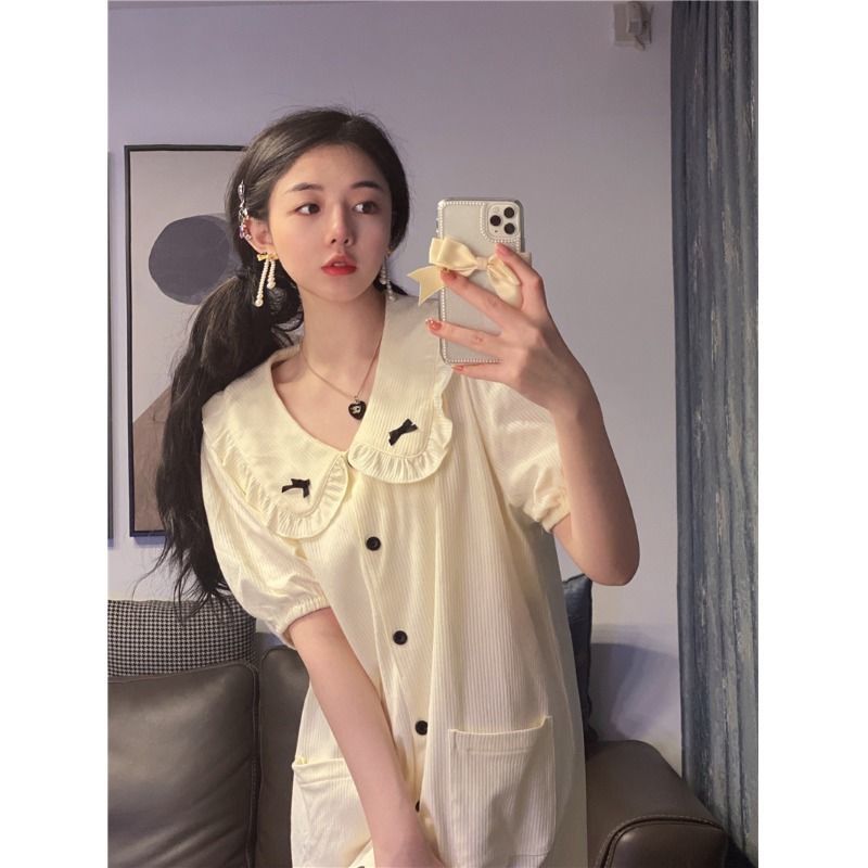 Women Short Sleeve Nightgowns Solid Bow Girls Sweet Cute Sleepdress Daily Loose Casual Sleepwear Nightdress Home Lounge Korean alx