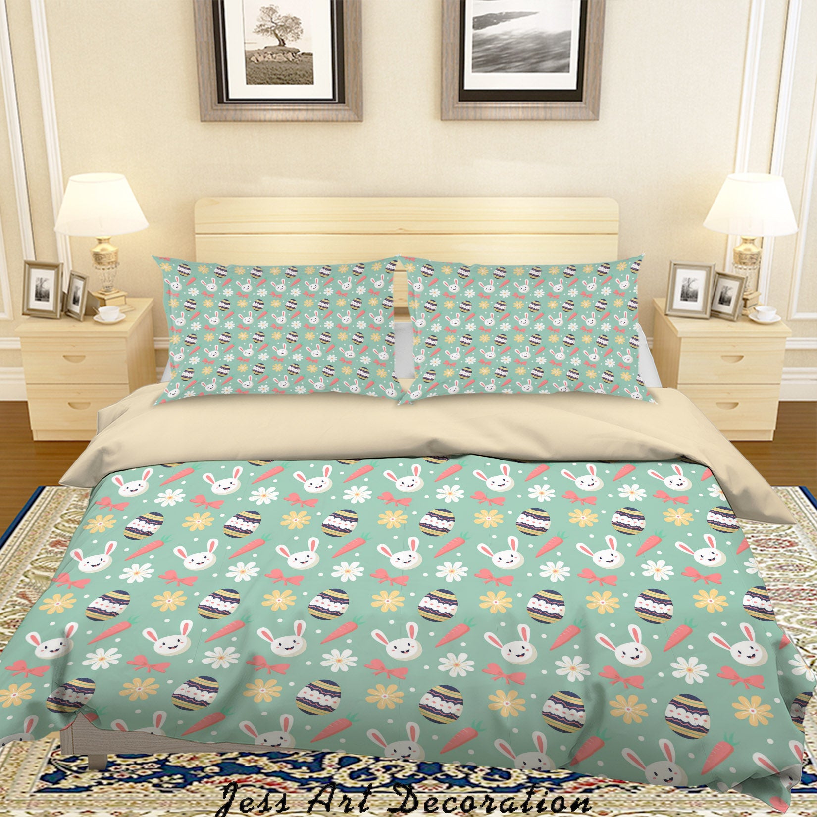 3D Green Rabbit Floral Eggs Carrot Bow Quilt Cover Set Bedding Set Duvet Cover Pillowcases Sf08