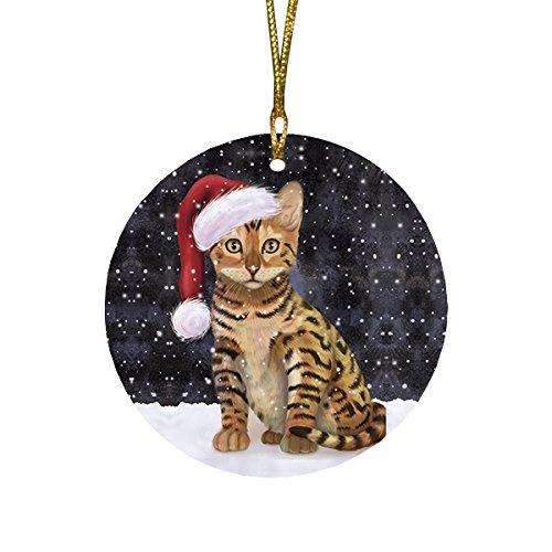 Let It Snow Christmas Holiday Chinese Li Hua Kitten Cat Wearing Santa Hat Round Ornament D282