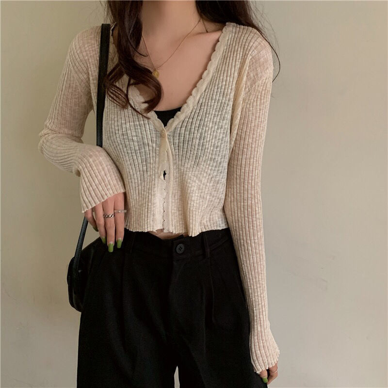 Cardigan Women Ins Knitted Sweater Flare Sleeve Daily V-Neck Candy Colors Solid Casual College Sun-proof Slim Summer See-through alx