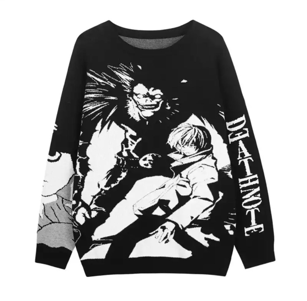 2000s Punk Death Note Knit Men’s Sweater Loose Trend Korean O-Neck Winter Fashion Jacquard Oversized Sweater Women’s Y2K Sweater alx