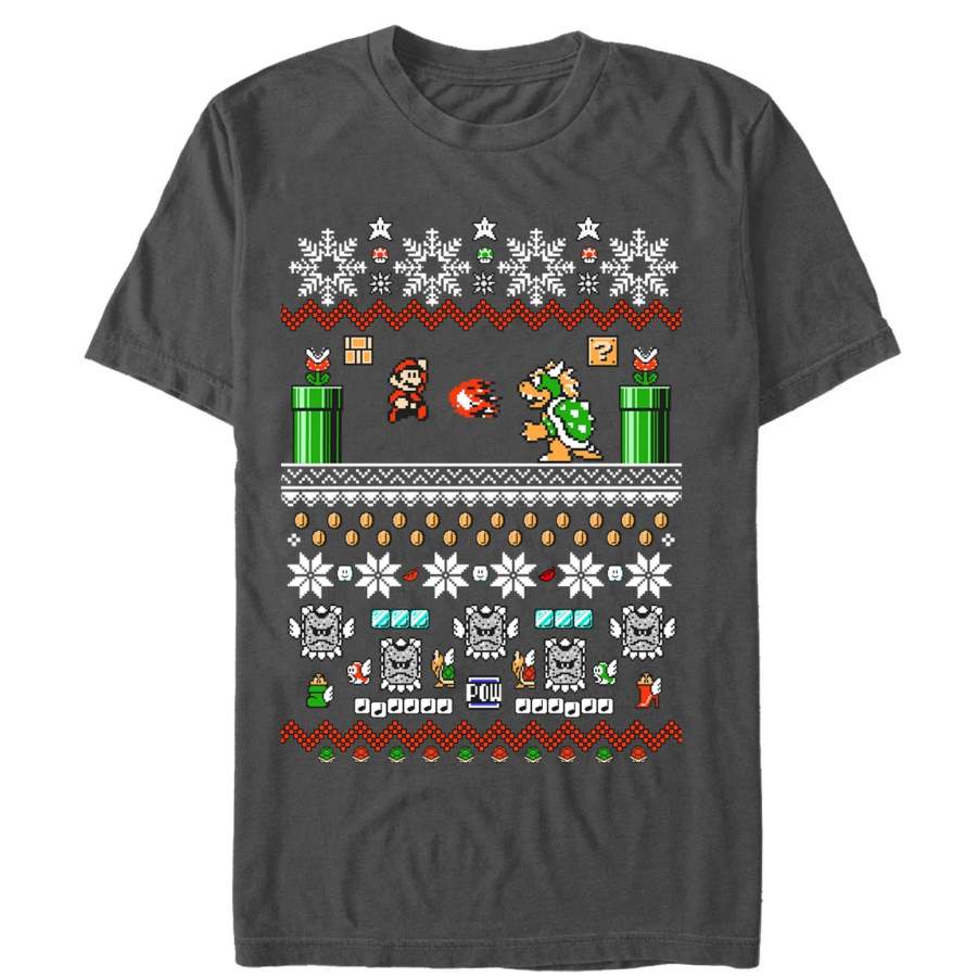 Nintendo Men’s Ugly Christmas Mario and Bowser  T Shirt Charcoal Heather