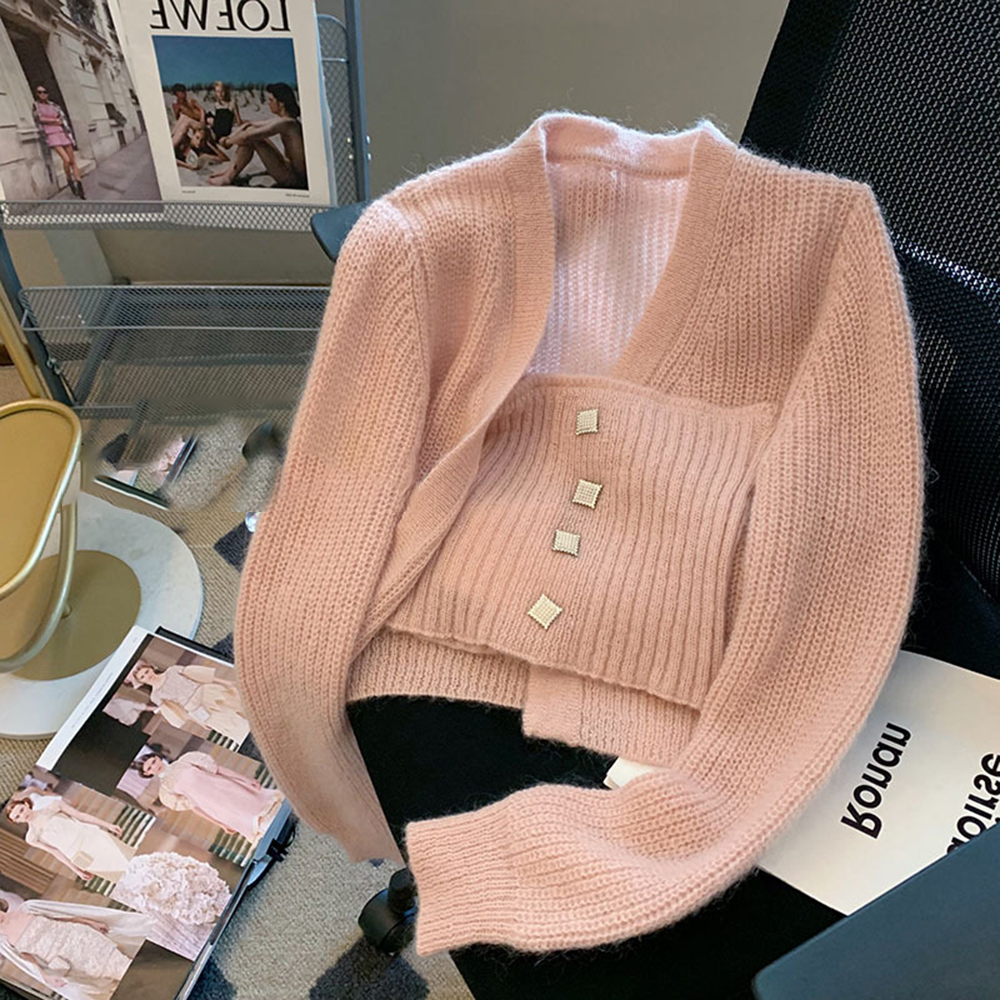 Women Knitted Two-Piece Suit Pink Single-Breasted Strapless Sweater Cardigan Set Sweet Warm Long-Sleeved Short Coat alx