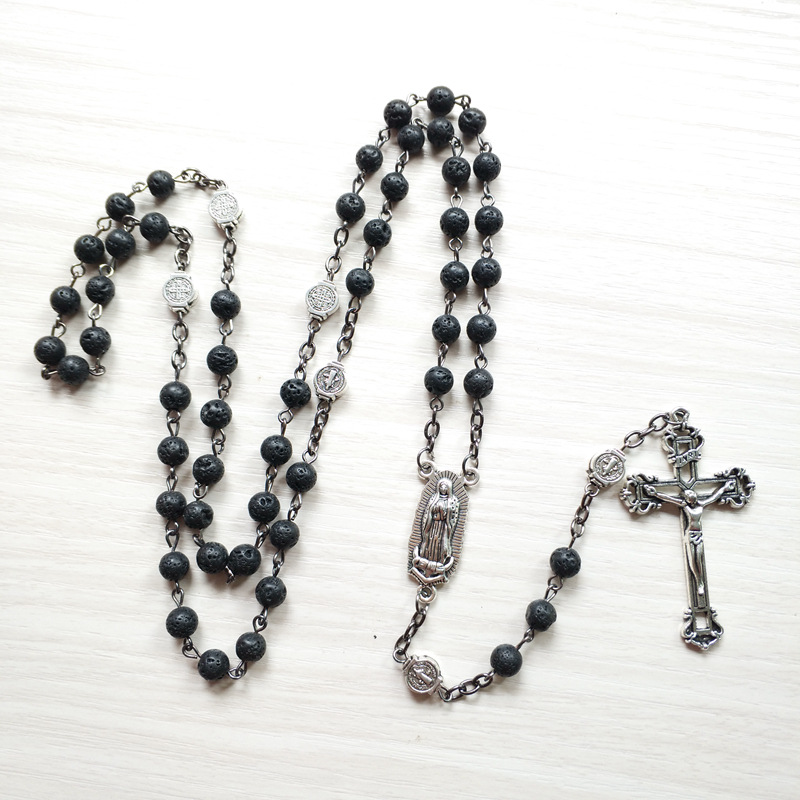 Black Volcanic Stone Prayer Bead Chain Catholic Crucifix Cross Pendant Rosary Necklace Our Lady Medal Saint Benedict Jewelry alx