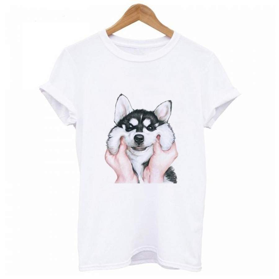 2019 Funny Husky Dog T-Shirt Summer Cartoon Animal Short Sleeve Tshirts Harajuku Tees For Women White O-Neck Casual Tops