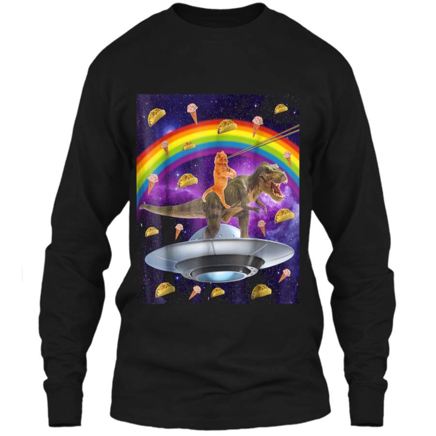 Taco Kitty Rainbow Laser Eye T-Rex Riding Space Cat  LS Ultra Cotton Tshirt