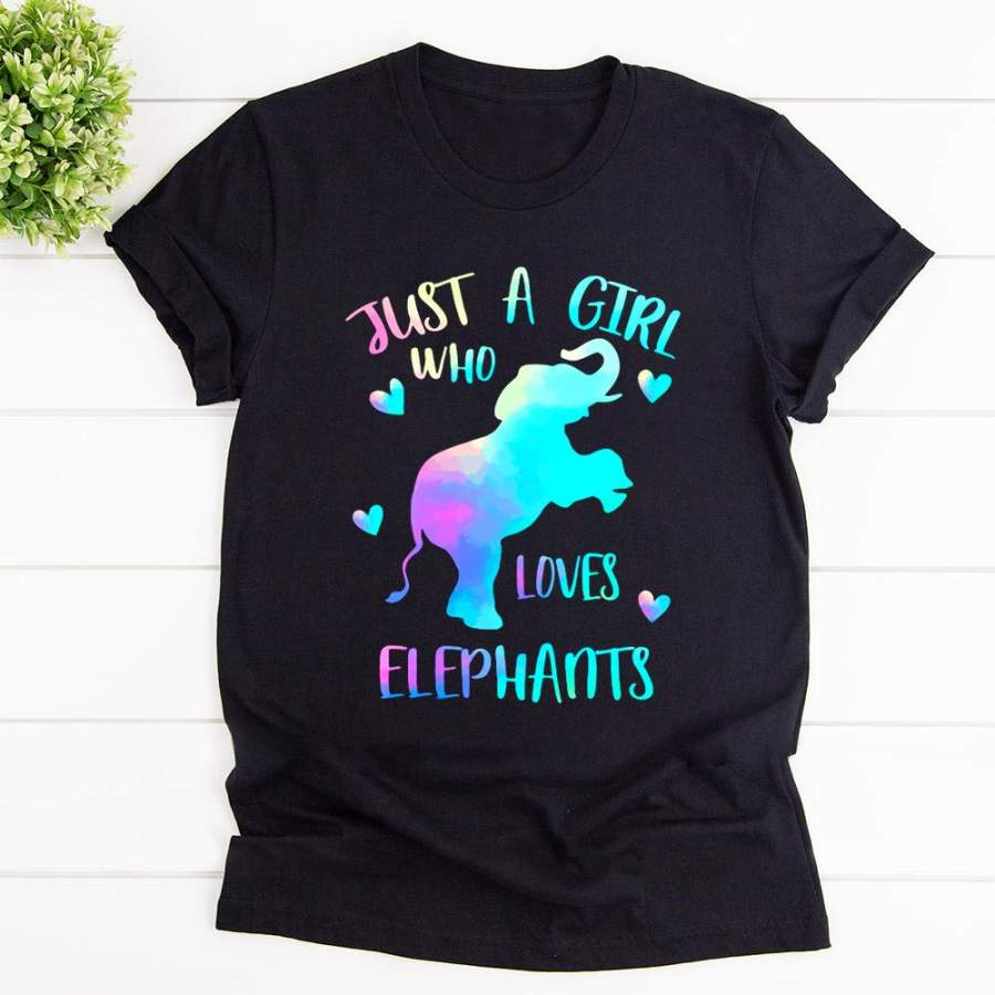 Elephants just a girl who loves elephants blue heart black cotton t shirt for men and women S-6XL