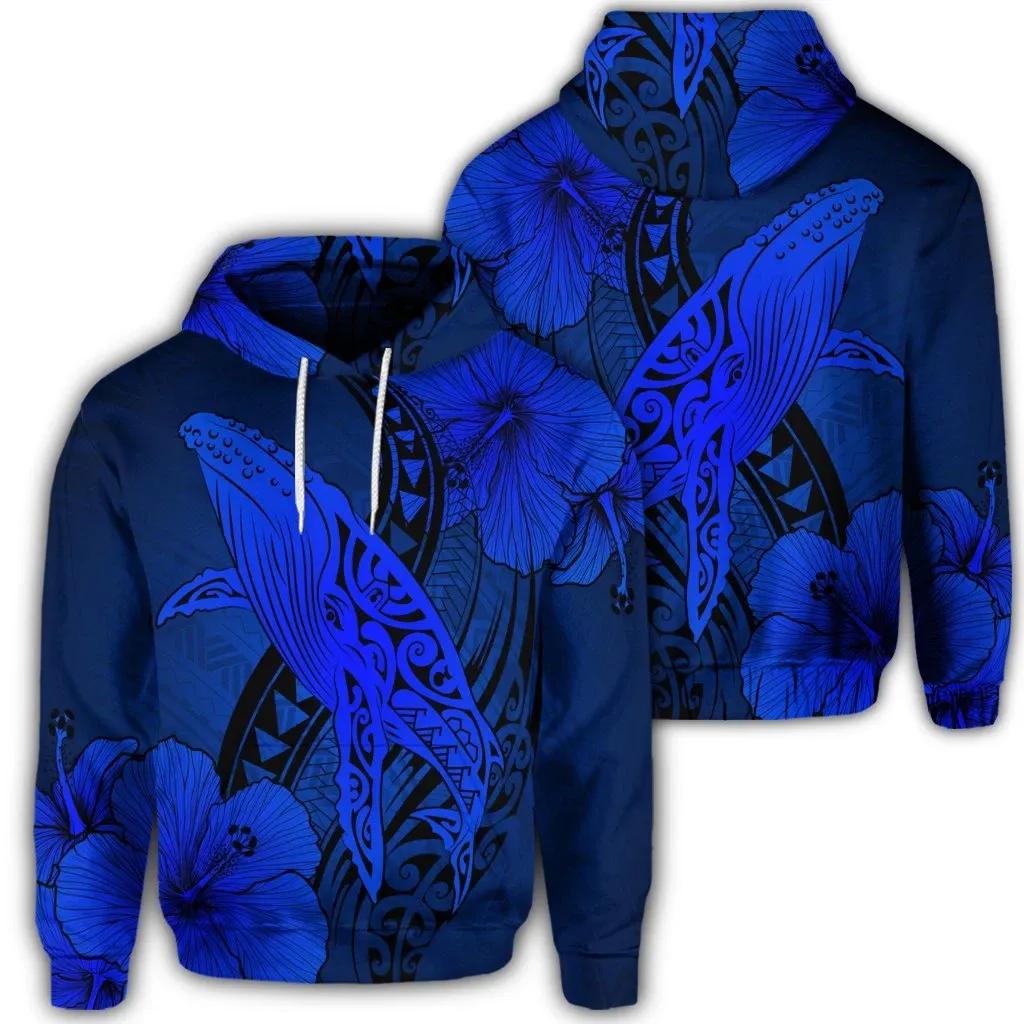 Alohawaii Hoodie – Hawaiian Map Whale Swim Hibiscus Polynesian Hoodie – Blue – Ah – J6R