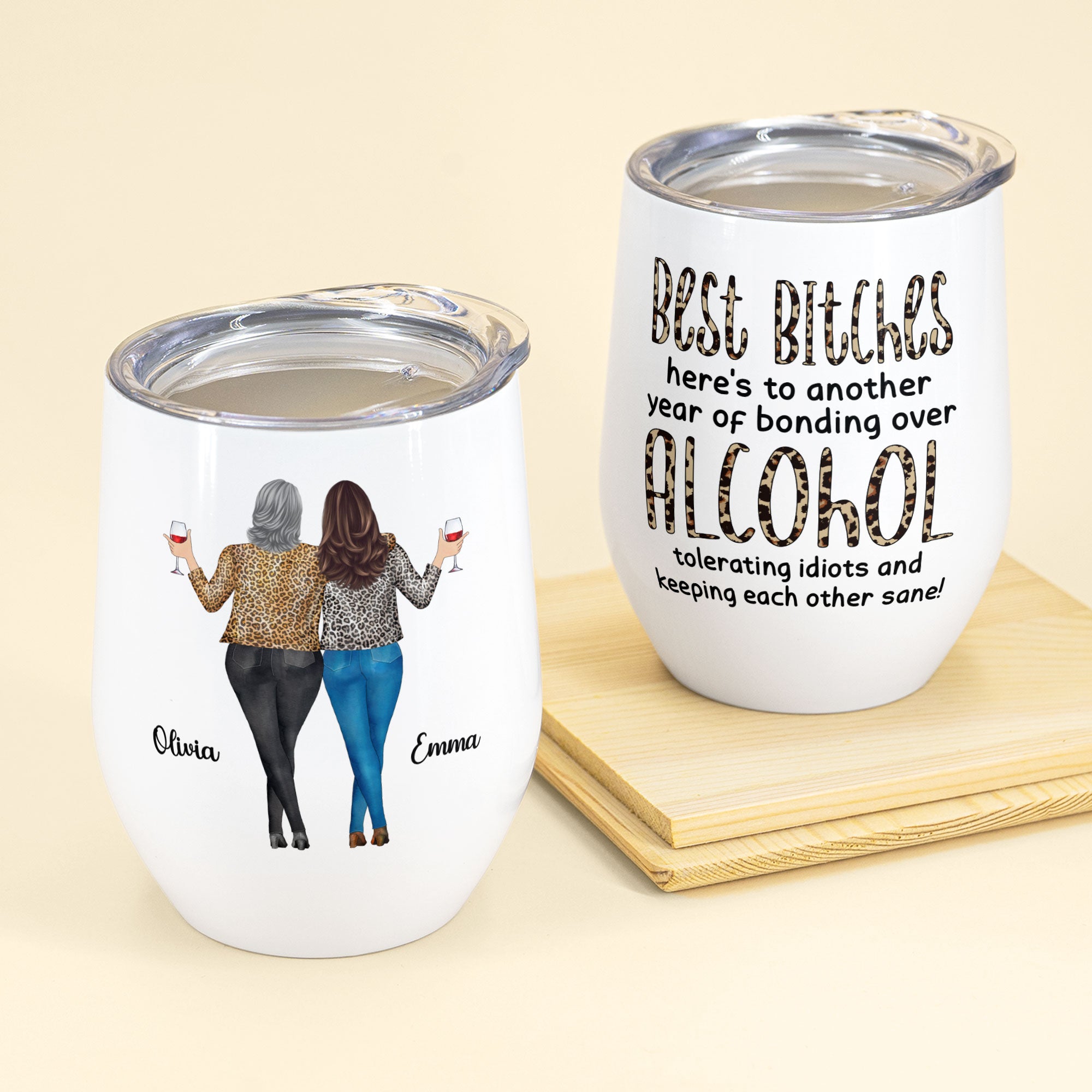 Alcohol Tolerating, Bonding Over, Keeping Each Other Sane Ver3  – Personalized Wine Tumbler – Birthday, New Year Gift For Besties, Soul Sisters, Sistas, Bff, Friends – Leopard Pattern Jacket Woman