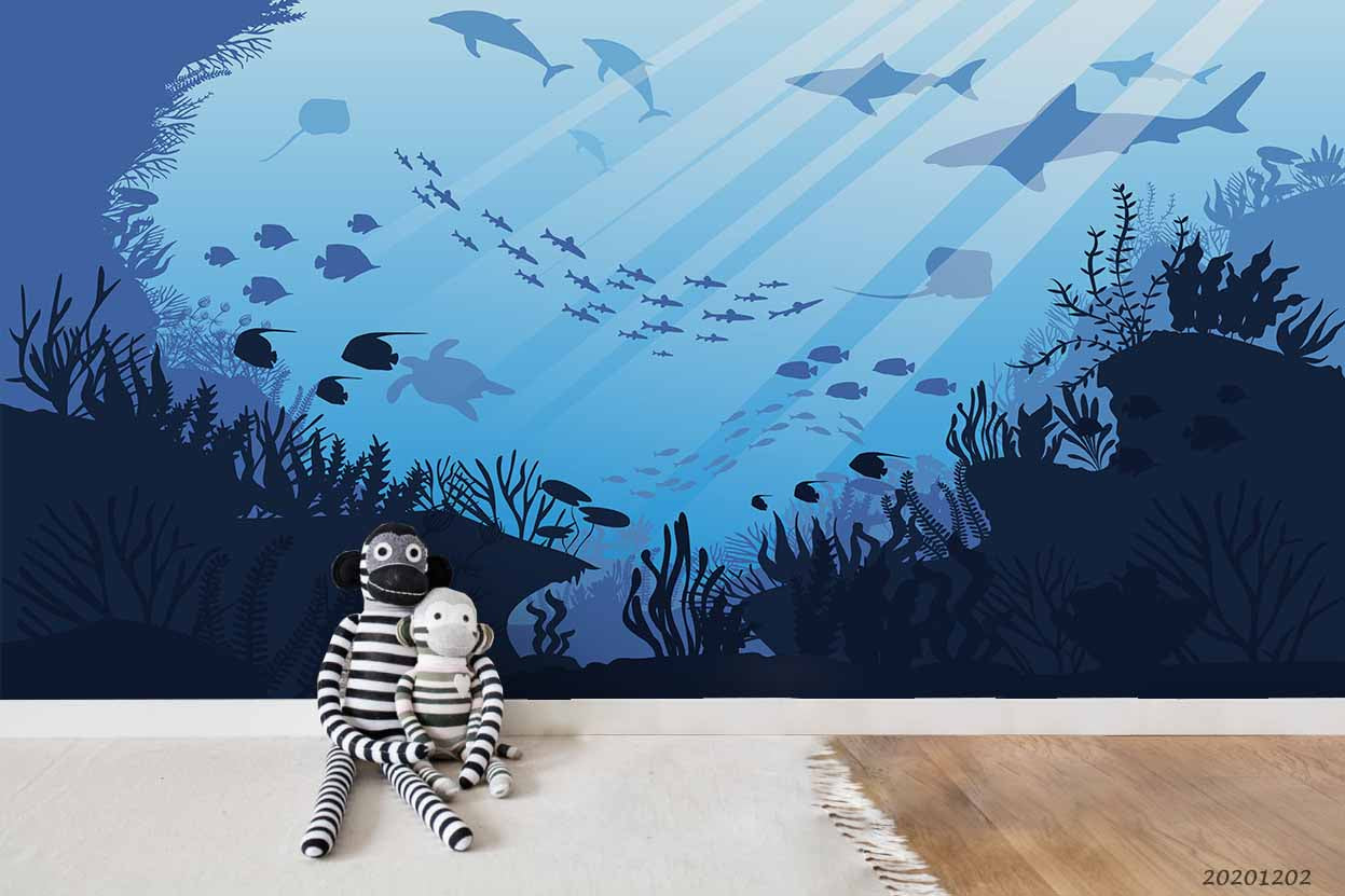 3D Cartoon Deep Blue Ocean Shark Fish Seaweed Turtle Wall Mural Wallpaper Lxl