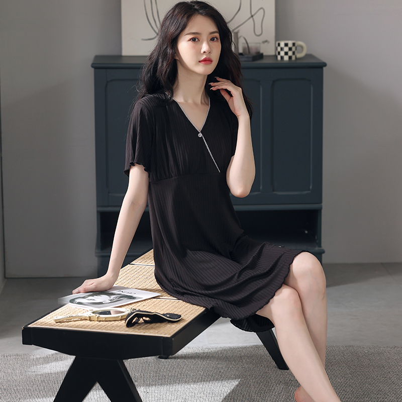 With Chest Pad Modal Nightdress Short Sleeve Sleepshirt Sexy Lace V-Neck Sleep Dress Nightshirt Nightgown Sleepwear Home Dress alx