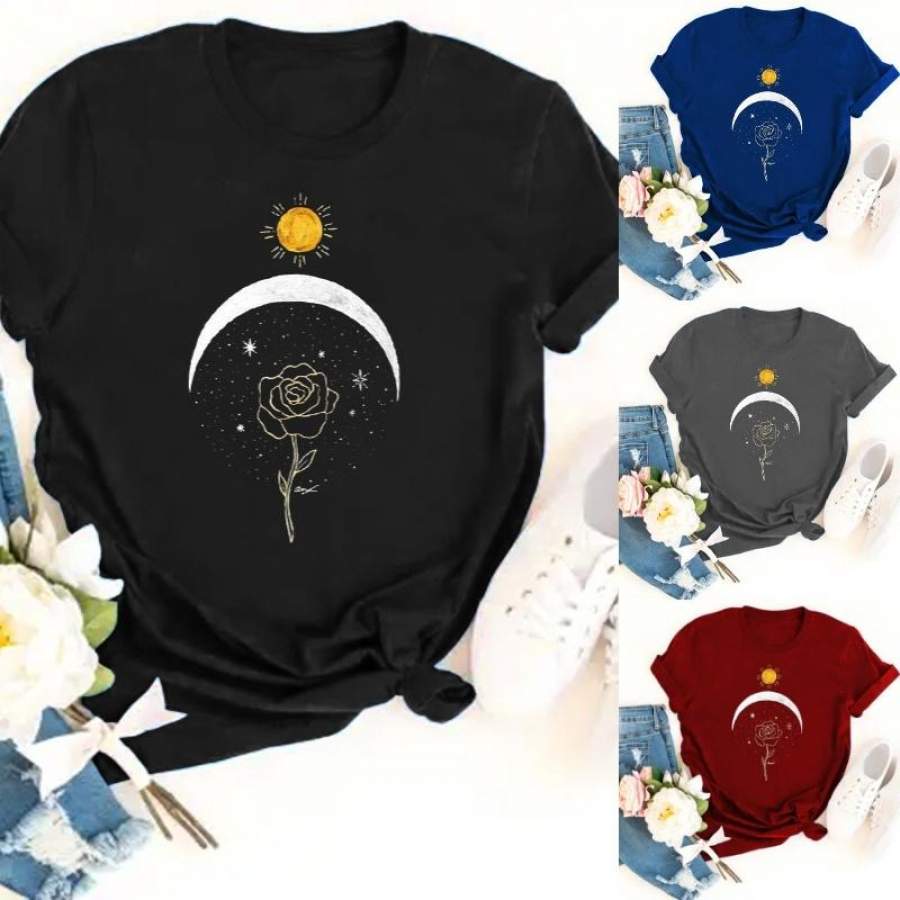 Summer Fashion Women Sun Moon Rose Print Graphic Tee Summer Women Causal Loose T Shirts Short Sleeve O Neck Top