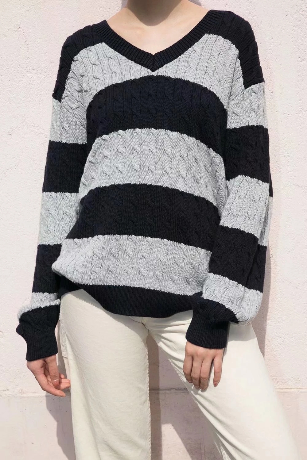 Sweater Oversized Brandy Women Autumn Winter V Neck Striped Sweater Long Sleeve Knit Top Casual Pullover Melville Women Sweaters alx