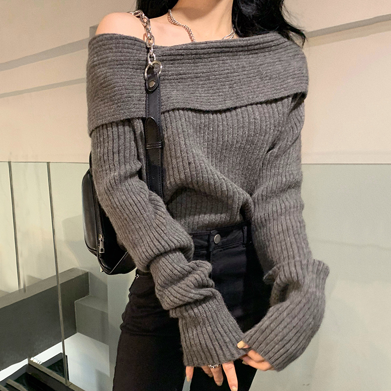 Chic Winter Off Shoulder Sweater Women Long Sleeve Warm Knitted Sweaters Female Elegant Sexy Top Jumper Pull Femme alx