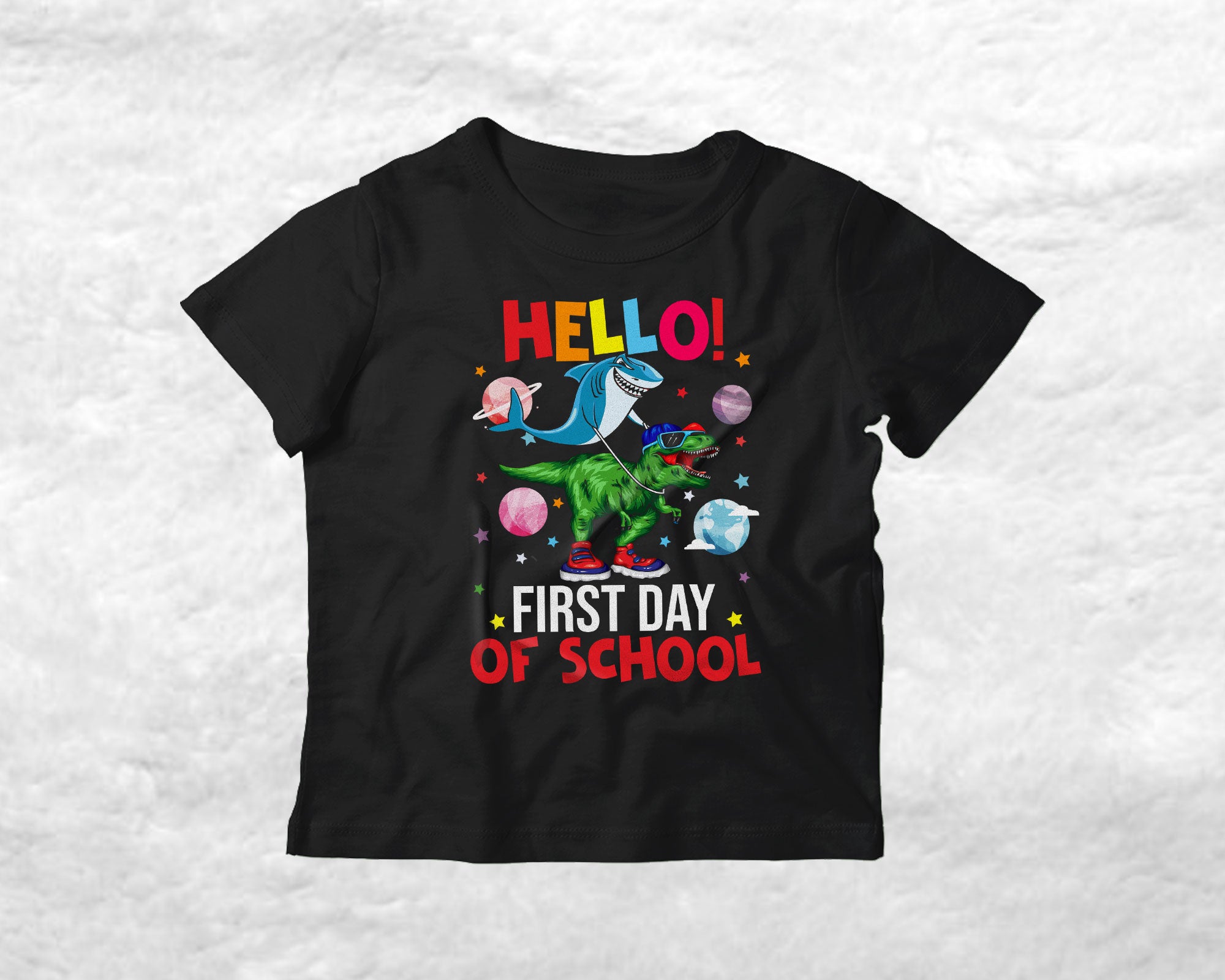 Back To School Shirt Hello First Day Of School Cute Shark Riding T-Rex Dinosaur Space Lover T-Shirt