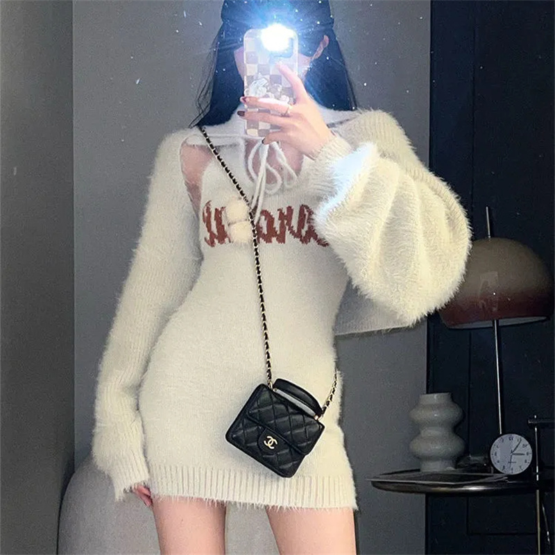 Vintage Slim Halter Knitted Dress Suits Women Streetwear Crop Cardigans Short Skirts Set Fashion Woman Dresses Sets Y2K Clothing alx