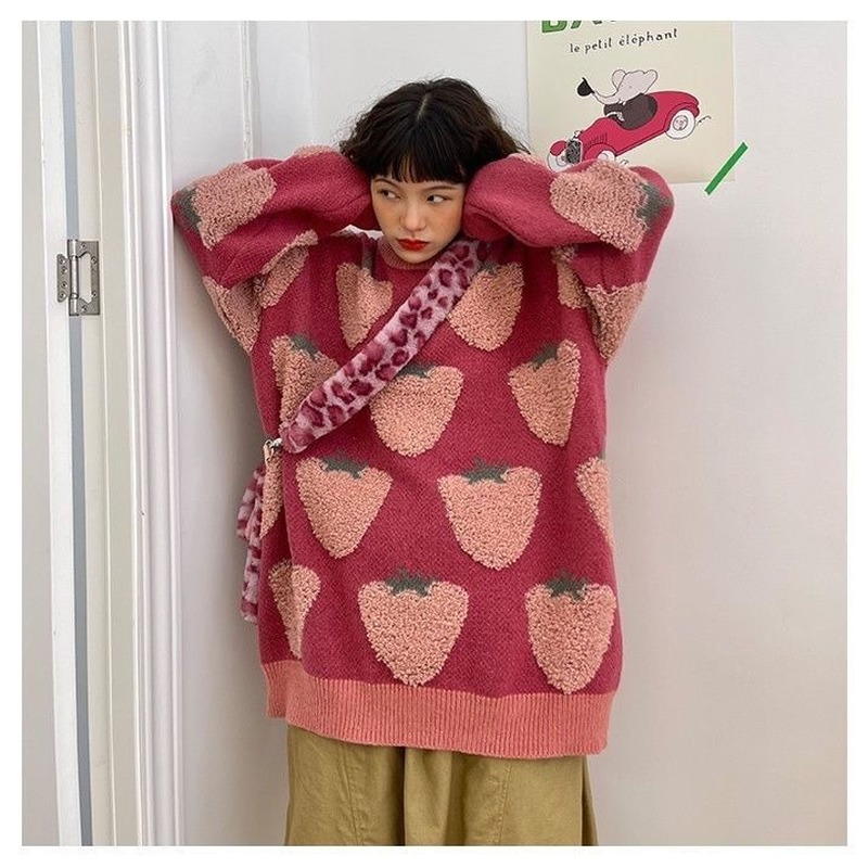 Strawberry Flocking Sweater Women Japanese Sweet Strawberry Element Loose Sweater Autumn and Winter Soft Waxy Pullover Sweater alx