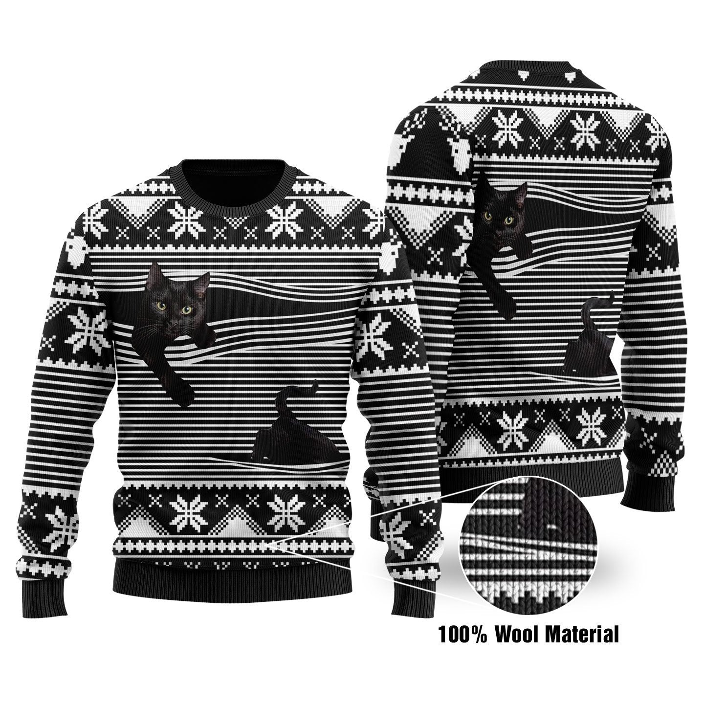 Unifinz Cat Christmas Sweater Black Cat Christmas Pattern Black White 3D Ugly Sweater 2022