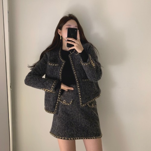 Autumn Winter Women Korean Wool Blends Two Piece Set Elegant O-neck Double Pockets Slim Fit Jacket + Panelled Bodycon Skirt Suit alx