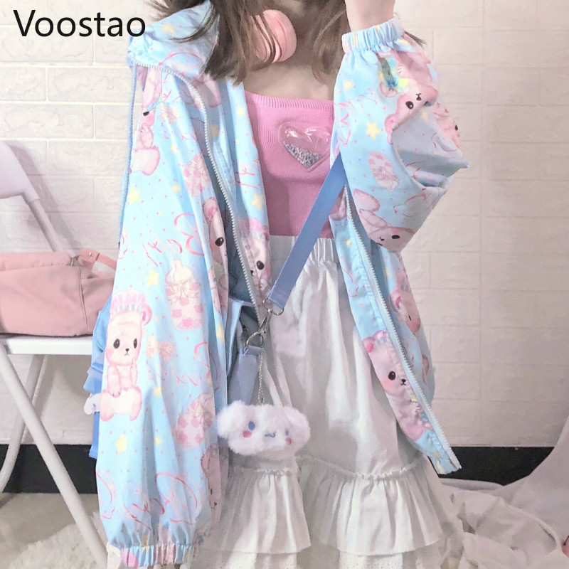 Spring Sweet Lolita Style Thin Hoodies Girls Loose Cute Cartoon Baby Bear Print Zipper Hooded Sweatshirt Women Kawaii Outerwear alx