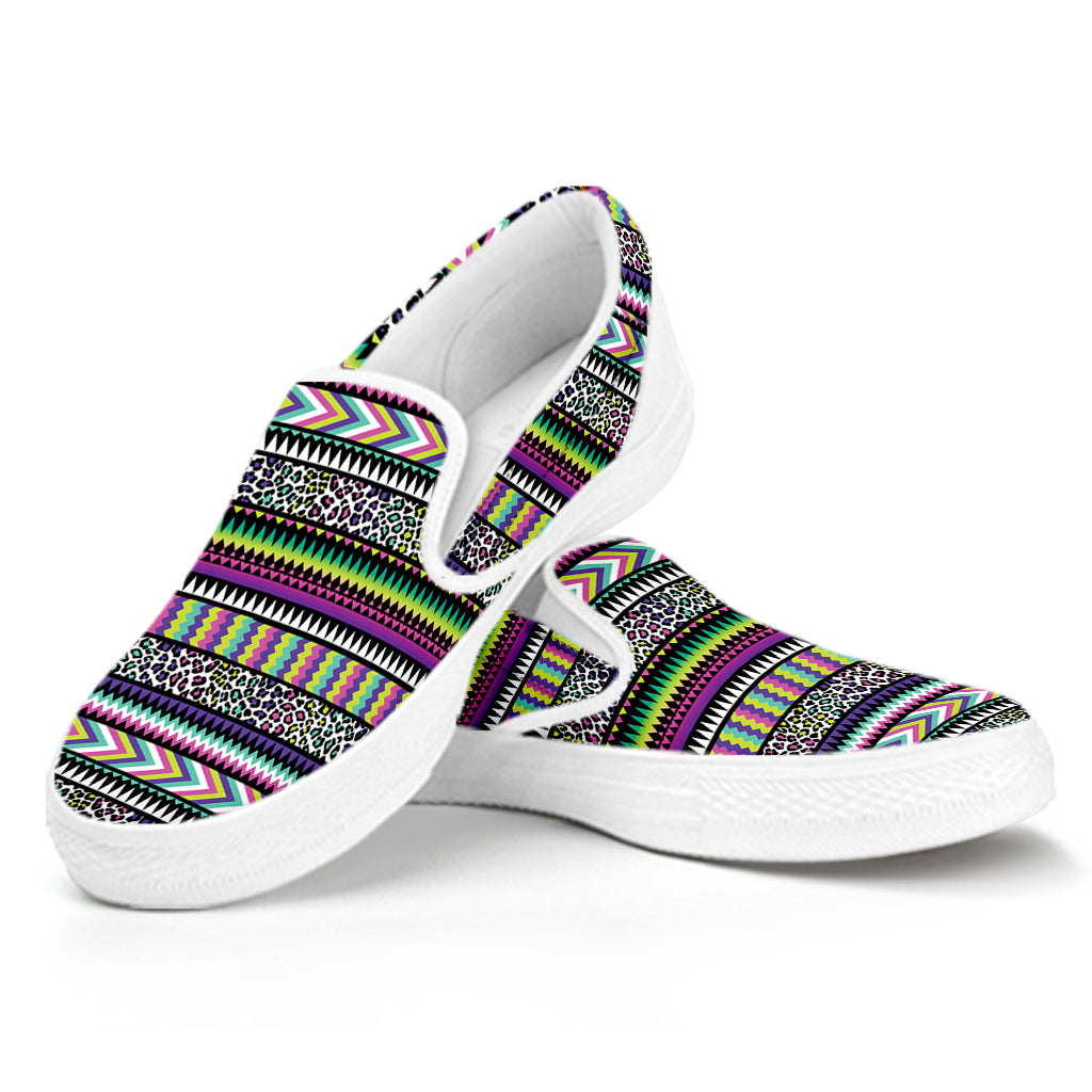 Colorful Leopard Navajo Tribal Print White Slip On Shoes