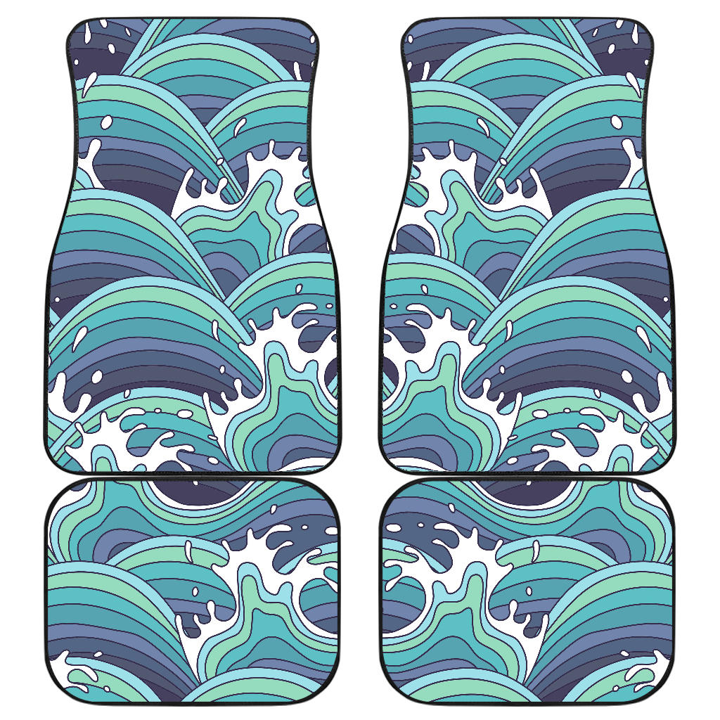 Sea Wave Surfing Pattern Print Front And Back Car Floor Mats, Front Car Mat