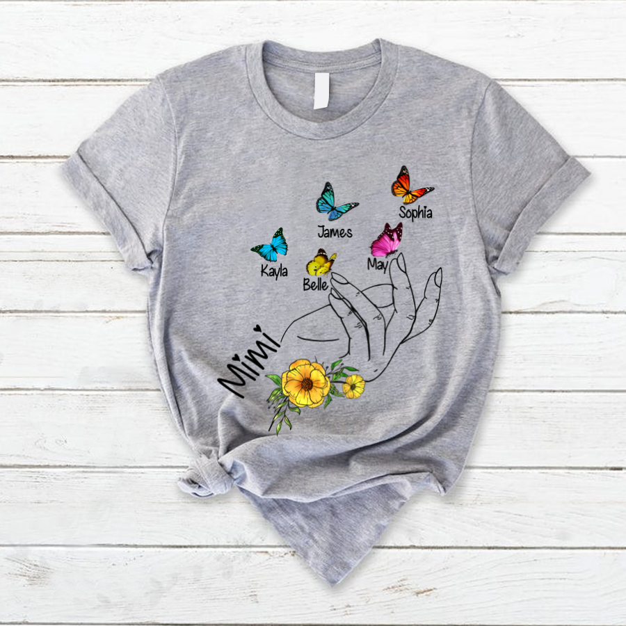 Mimi And Grandkids Flower Hands Butterfly T-Shirt