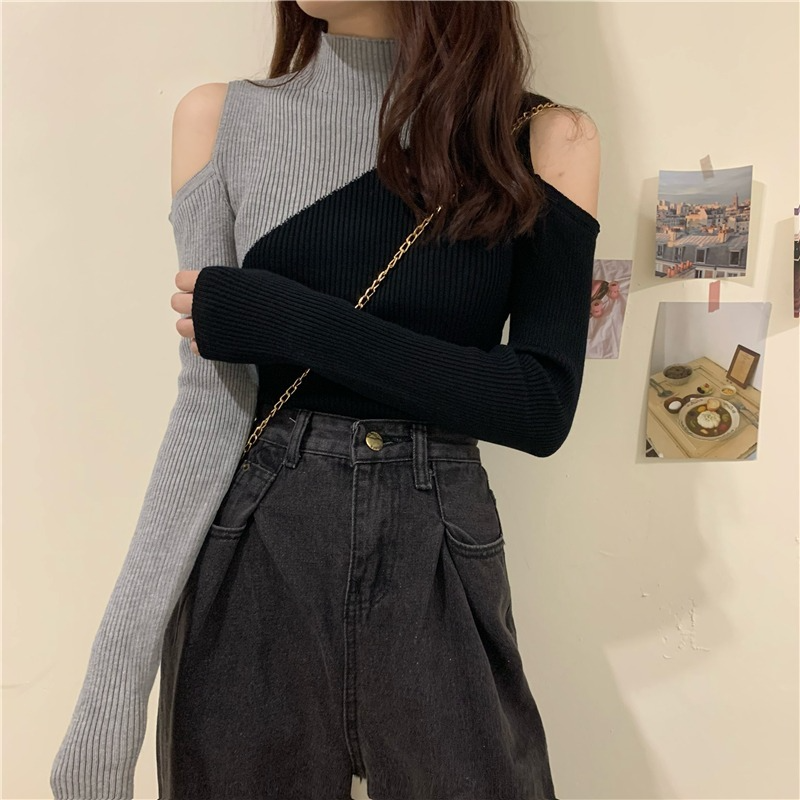 All-match Color Matching Long-sleeved Body Knit Sweater Top Women Spring and Fall Thin New Slim Slimming Bottoming Shirt 16794 alx