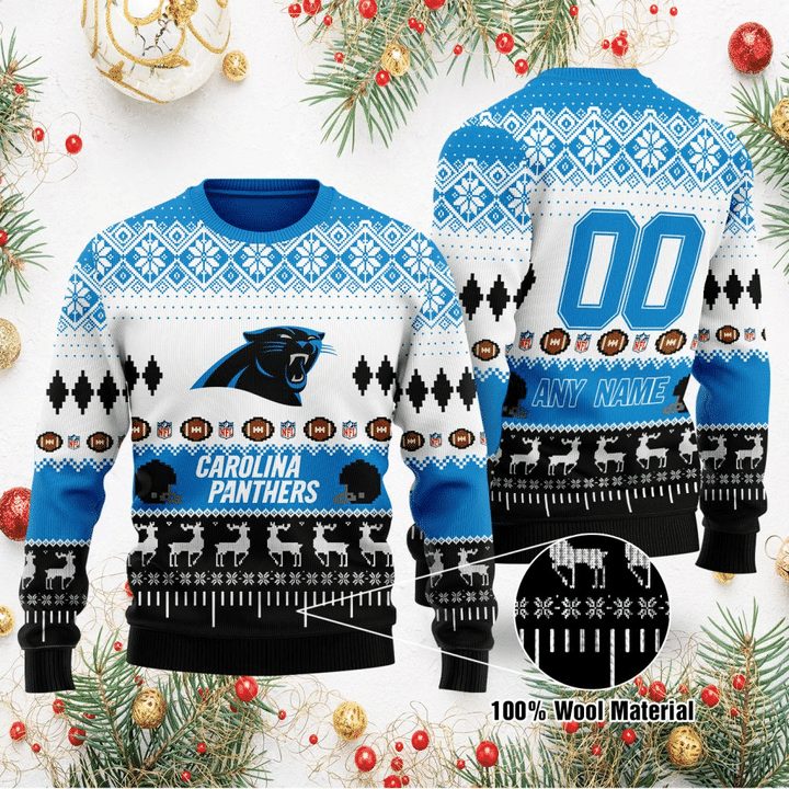 Carolina Panthers Custom Name Number Gift For Fan Ugly Wool Sweater Christmas