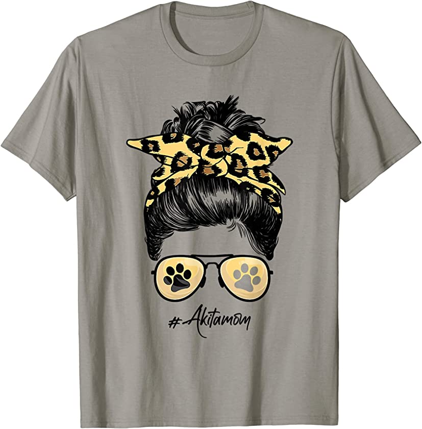 Akita Mom Dog Mom Messy Hair Bun Leopard Print Women Dog T-Shirt