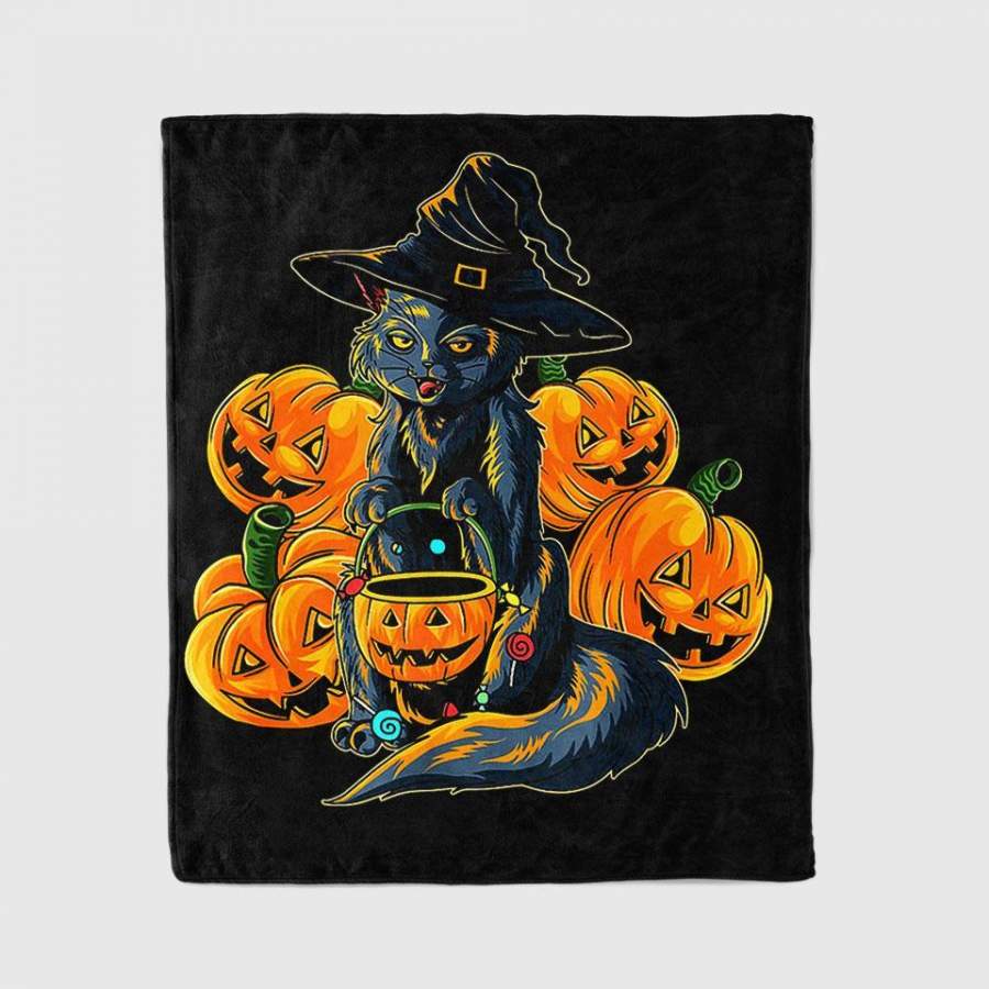 Candy Pumpkin Scary Black Cat With Witch Hat Blanket Personalized Fleece Blanket Halloween Gifts