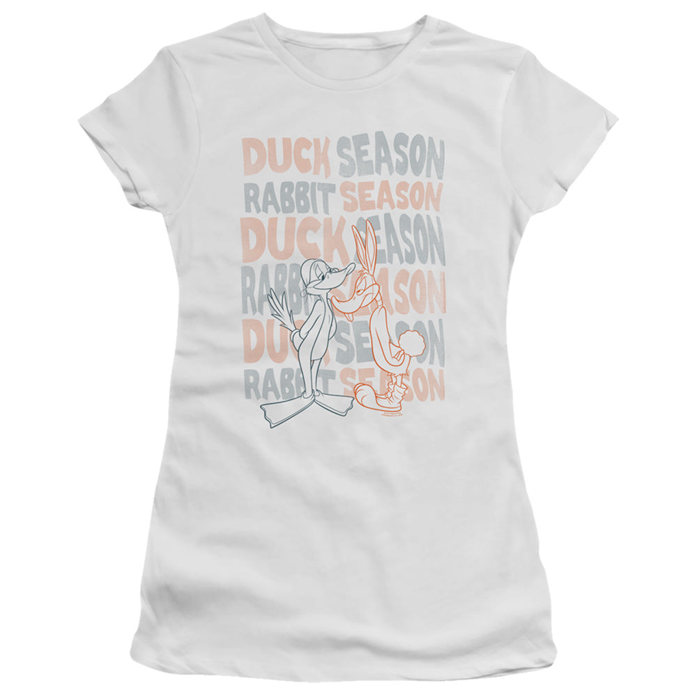 Looney Tunes Duck Season Rabbit Season Junior Sheer Cap Sleeve Womens T Shirt White