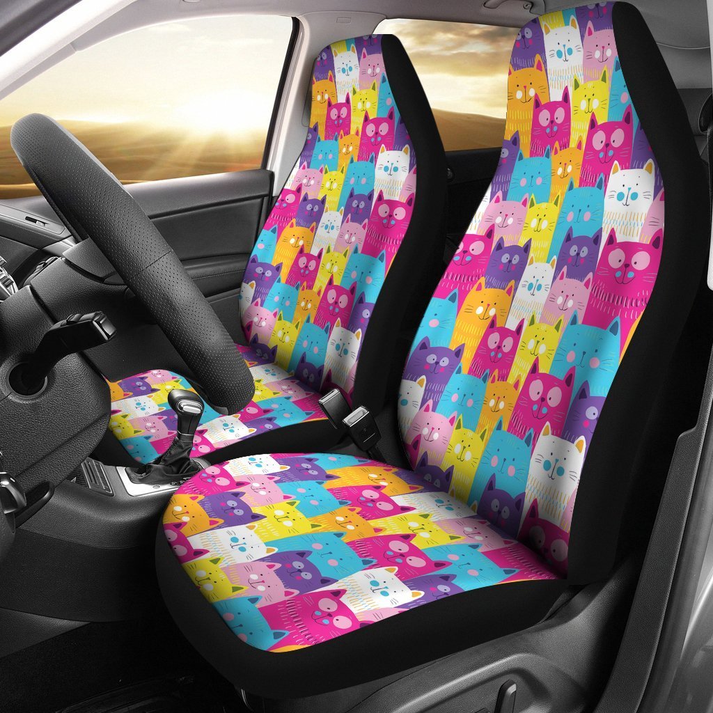 Colorful Kitten Cat Pattern Print Seat Cover Car Seat Covers Set 2 Pc, Car Accessories Car Mats