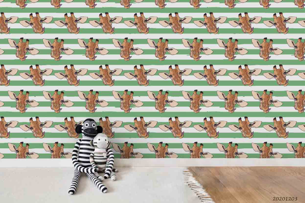 3D Cartoon Giraffe Animal Green Stripe Wall Mural Wallpaper Lxl