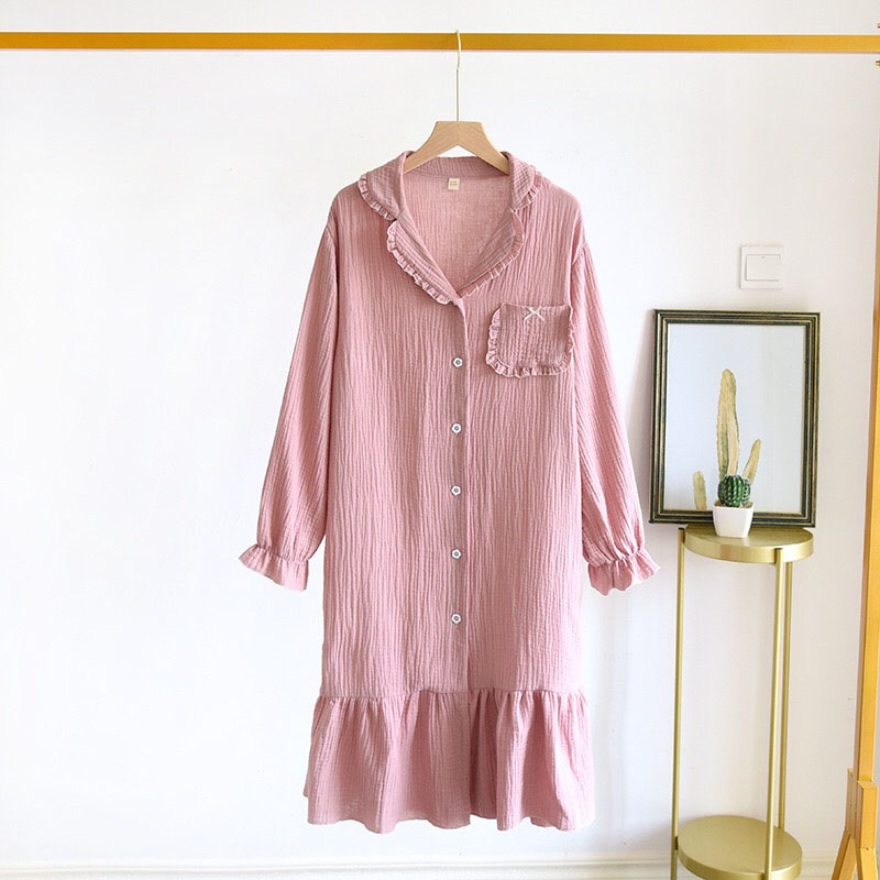 Autumn & Winter New Girls Cute Sleep Dress Princess Style Ruffle Sleepwear Solid Color Soft Loose Full Cotton Long Sleeve Dress alx