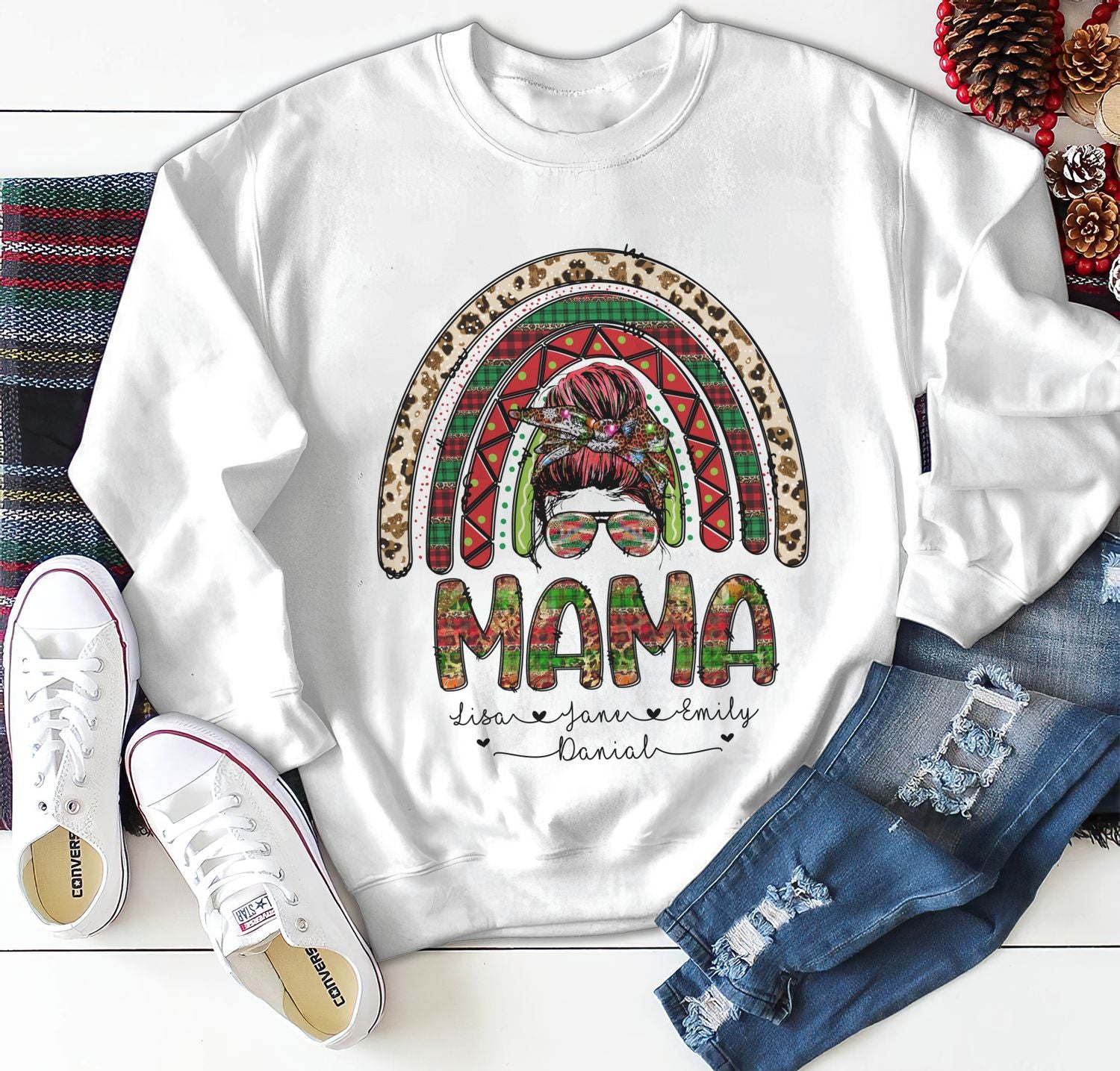 Personalized Sweatshirt Hoodie For Grandma Nana Rainbow Plaid Leopard Design Custom Grandkids Name